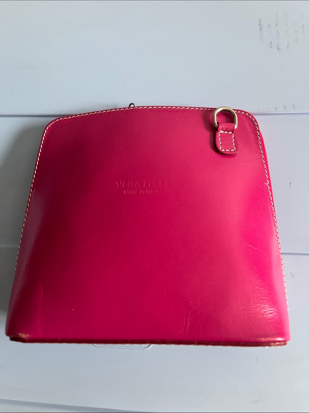 Vera Pelle Bright Pink Leather Wristlet Clutch with Gold Ring